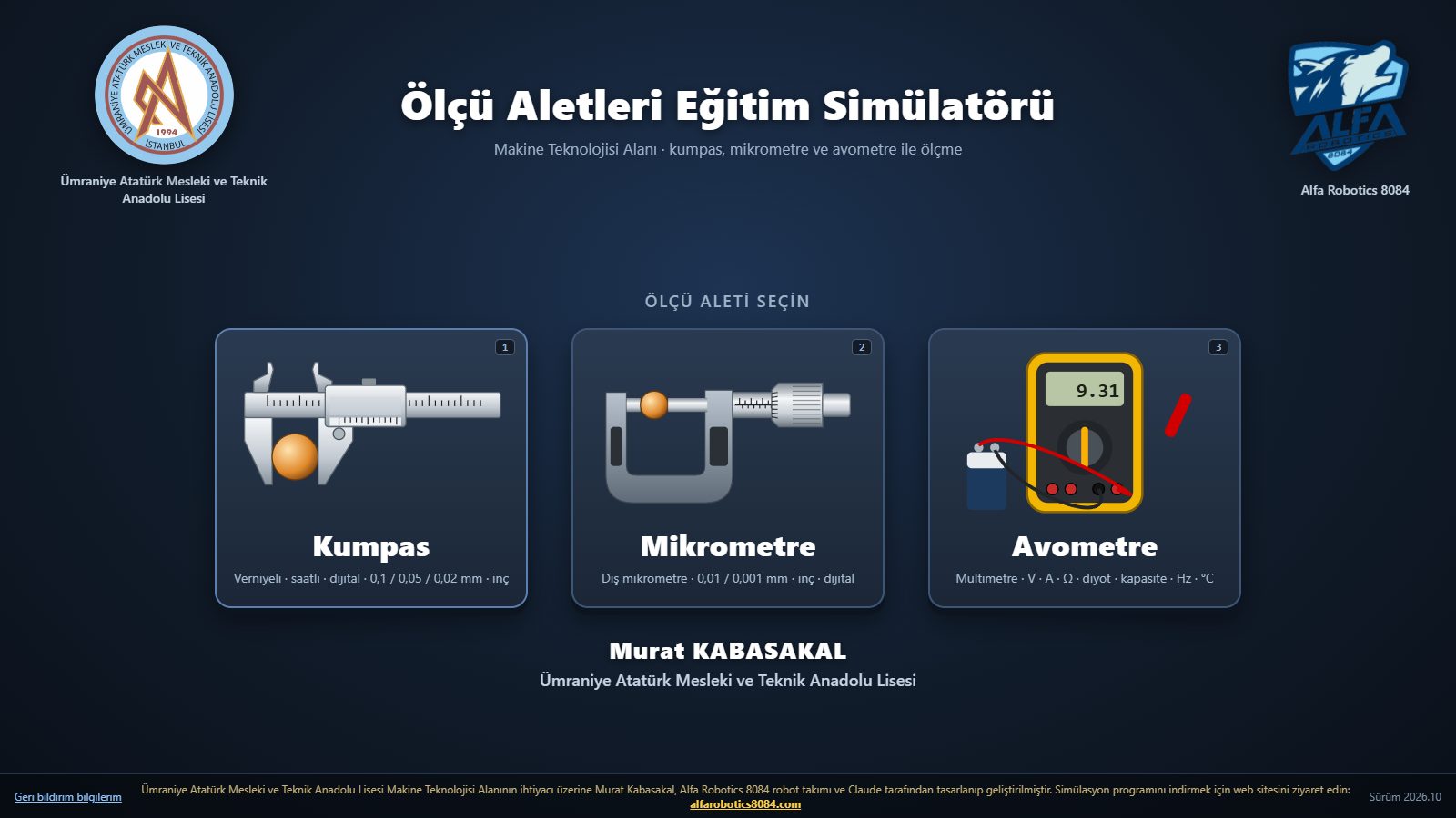 Ölçü Aletleri Eğitim Simülatörü açılış ekranı: Kumpas, Mikrometre ve Avometre seçimi