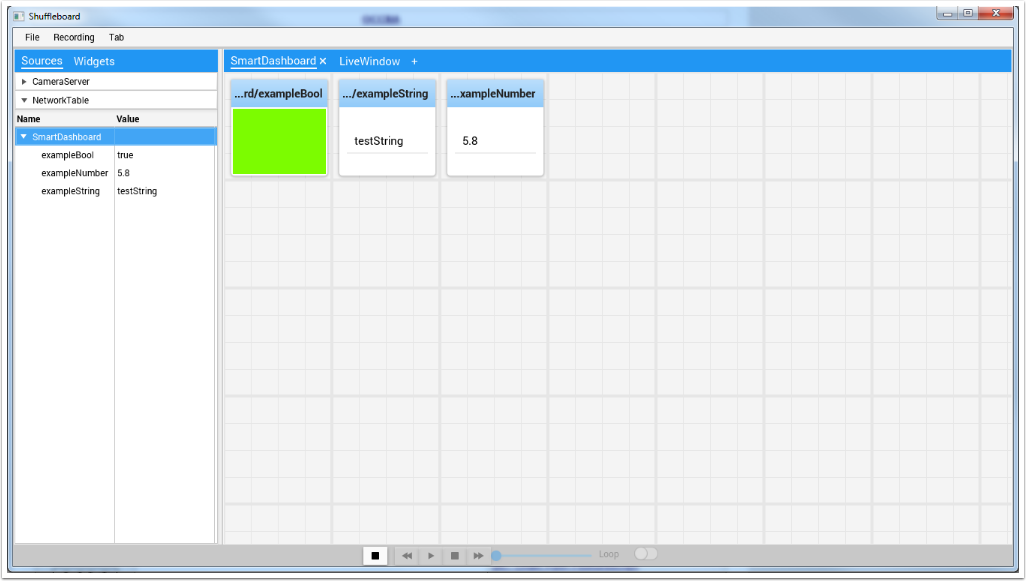NetworkTables girişlerinden 3 widget eklenmiş Shuffleboard.
