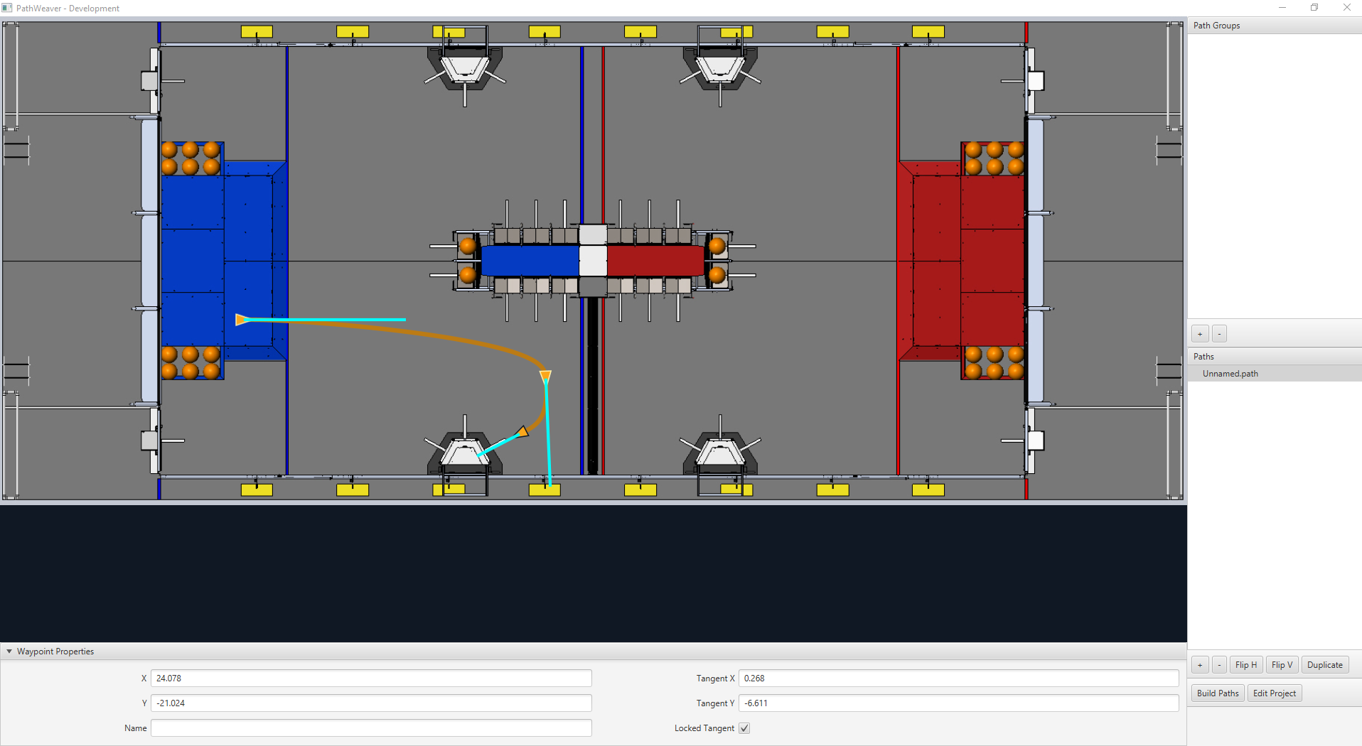 PathWeaver UI, FRC Deep Space için roketin arkasına bir yörünge çizen bir projeyle.